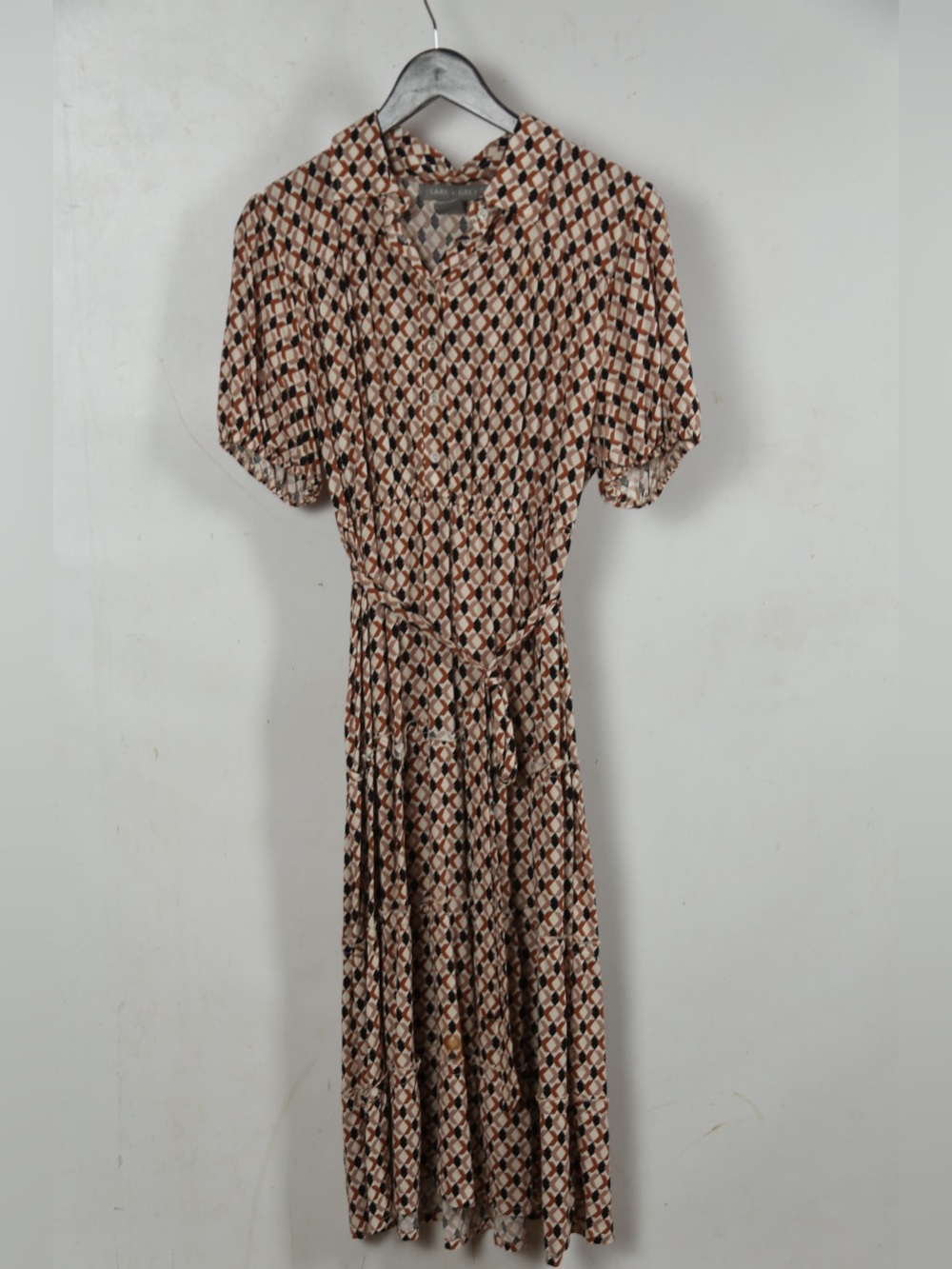 Brown & Beige Geometric Maxi Dress with Tie Waist